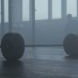 A lone barbell on the gym floor with a misty background creates a mysterious and moody ambiance.